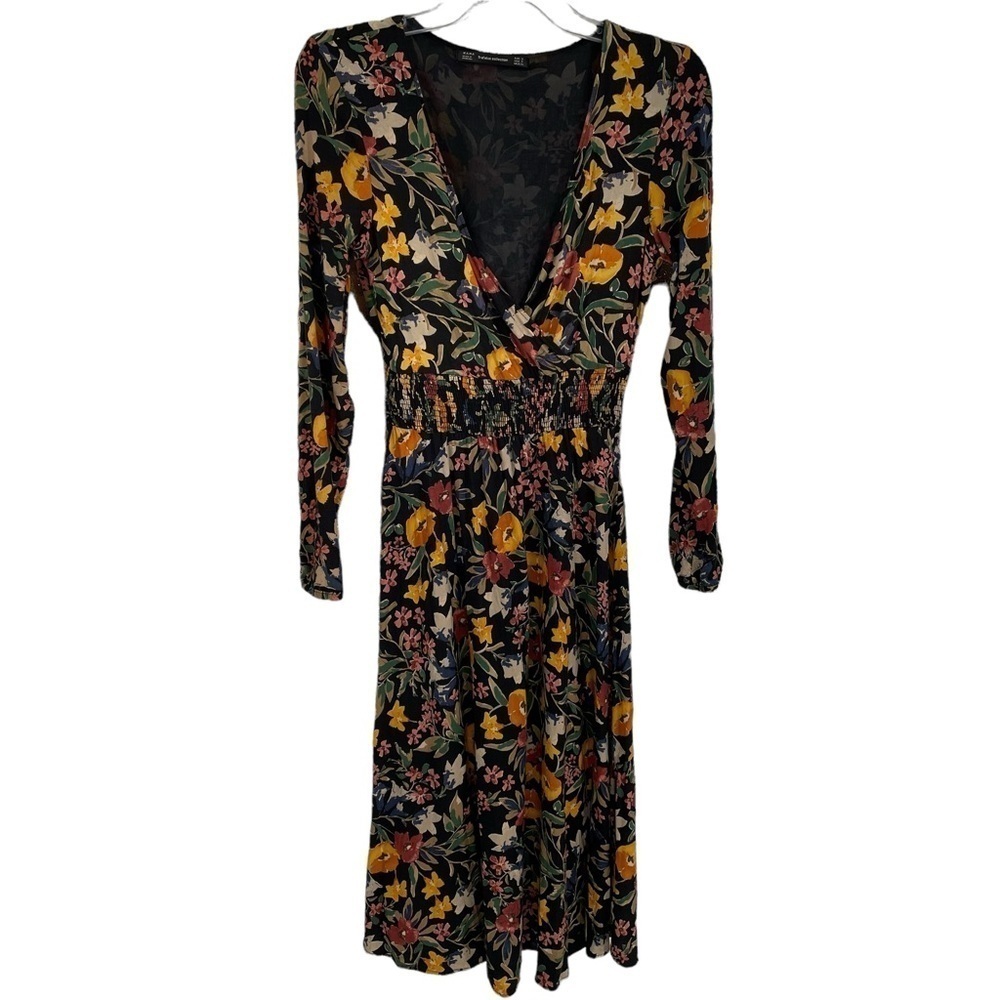 Zara Trafaluc Collection V-Neck Long Sleeve Floral Multicolored Midi Dress Sz S